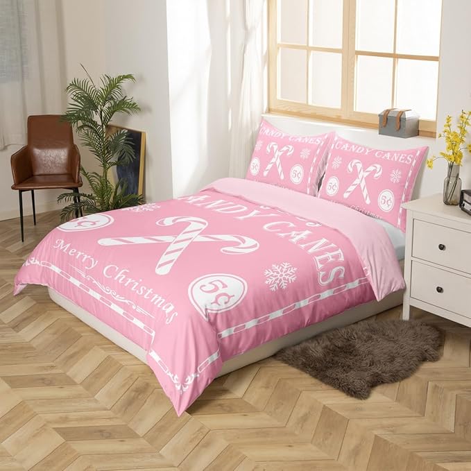jejeloiu Christmas Bedding Set Twin Size Kids Christmas Quote Comforter Cover Set for Boys Girls Teens Candy Canes Print Duvet Cover Xmas Bedspread Cover Room Decorations Pink White Quilt Cover