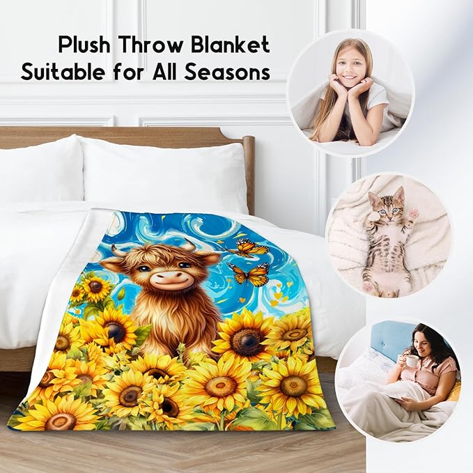Kids Blanket - Highland Cow Blankets for Toddler/Teens - Flannel Soft Sunflower Throws for Room Decor/Office - 40"x50"