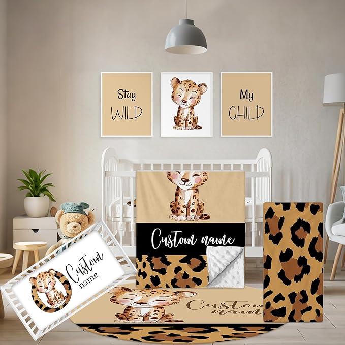 Personalized Toddler Bedding Set, 5 Pcs Custom Name Crib Bedding Set for Boys Girls, Brown Leopard Flannel Baby Bedding Set, Double Layer Baby Crib Set, Customized Gifts for Newborns Infants