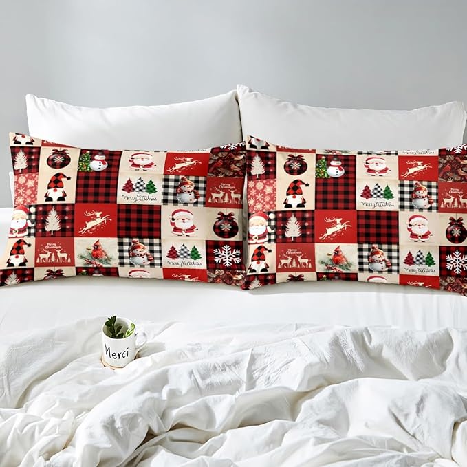 Manfei Christmas Duvet Cover Set Queen Size, Deer Tree Snowman Santa Claus Print Comforter Cover with 2 Pillowcases, Plaid Grid Print Bedding Set 3pcs for Kids Boys Girls Bedroom Decor,No Comforter