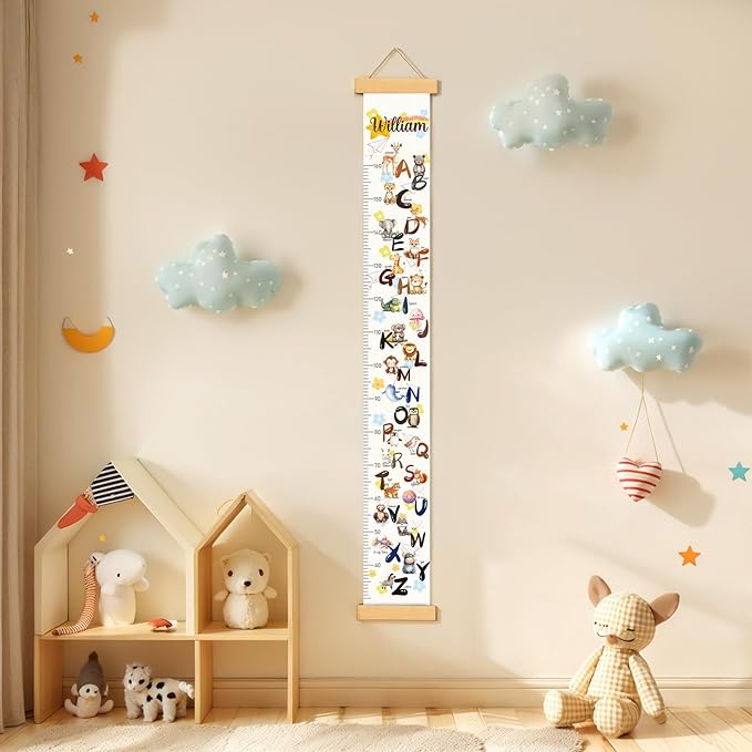 Personalized Name Baby Height Growth Chart, Letters Canvas Height Chart for Kids Baby Toddler Boys Girls, Canvas&Wood Growth Chart for Wall Room Nursery Decor, Hanging Rulers