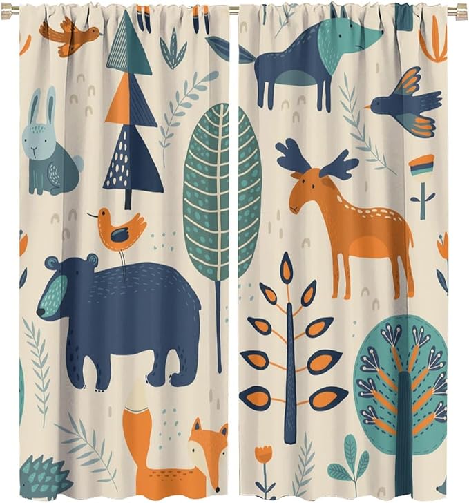 Kids Forest Animal Curtains, Rustic Cartoon Cute Wild Animal Window Treatments Woodland Safari Animal Fox Deer Bear Window Drapes for Girls Boys Nursery Toddler Bedroom 55x63in