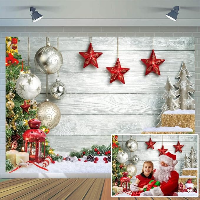 CYLYH 7X5FT Christmas Backdrop White Wood Floor Photography Backdrop Winter Snow Christmas Balls Xmas Tree Gift Family Party Photo Background New Year Party Banner Backdrop