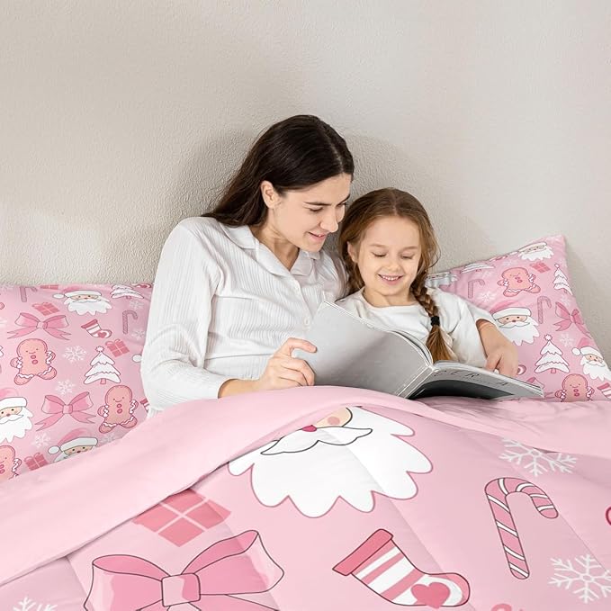 Feelyou Pink Christmas Bedding Set Soft for Boys Girls, Santa Claus Comforter Set Queen Size Gingerbread Man Duvet Quilt Microfiber Bow Candy Cane Bedroom Decor 3 Pcs with 2 Pillow Cases