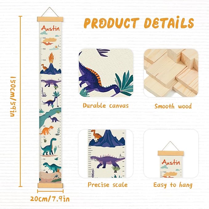 Personalized Canvas Height Chart for Kids, Height Measurement for Wall, Growth Chart with Name (Dinosaurs)
