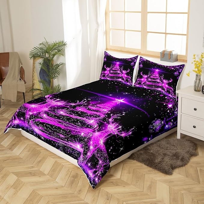Manfei Christmas Tree Duvet Cover Set Queen Size Purple Twinkling Deer Comforter Cover Western New Year Bedding Set 3pcs for Kids Boys Girls Christmas Theme Quilt Cover with 2 Pillowcases,No Comforter