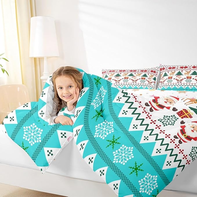 Feelyou Merry Christmas Bedding Set Soft for Boys Girls, Santa Claus Comforter Set Queen Size Cute Deer Duvet Quilt Microfiber Snowflake Bedroom Decor 3 Pcs with 2 Pillow Cases