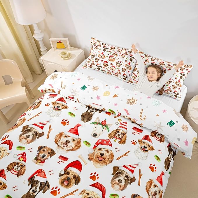 Christmas Kids Bedding Set Cartoon Puppy Dogs Xmas Theme Bedding Duvet Cover Set for Boys Girls New Year Decor Comforter Cover Set Animal Pattern Bedspread Cover Bedroom Quilt Cover 3Pcs Queen Size
