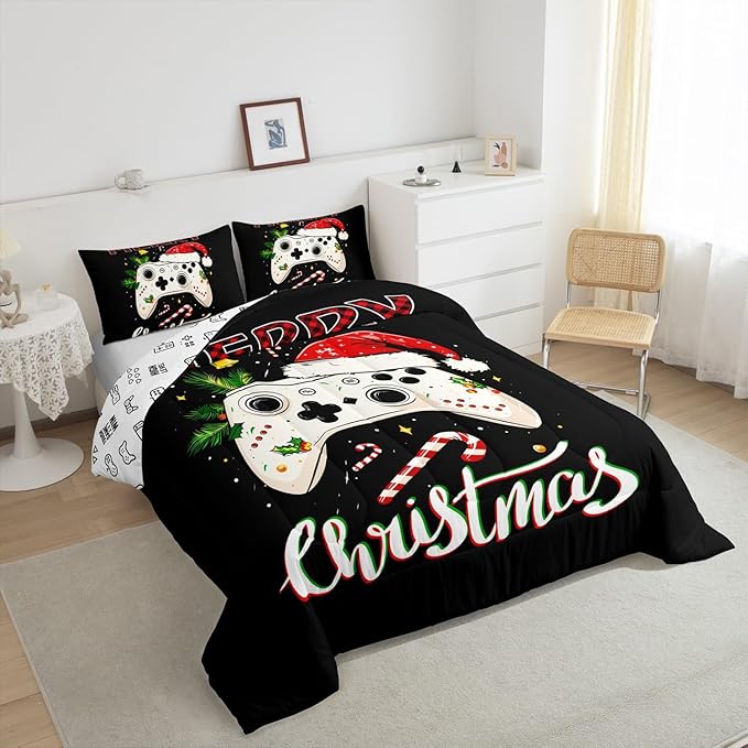 Gamepad Xmas Theme Bedding Set Full Size,Santa Claus Video Games Comforter Set for Kids Boys Girls Room Decor,Merry Christmas Duvet Insert 3Pcs,Gaming Controller Black Quilt Set,2 Pillowcases