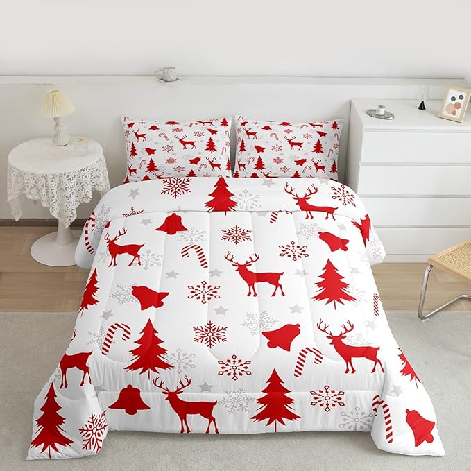 Feelyou Merry Christmas Bedding Set Soft for Boys Girls, Xmas Tree Reindeer Comforter Set Full Size Candy Cane Bell Duvet Quilt Microfiber Snowflake Bedroom Decor 3 Pcs with 2 Pillow Cases