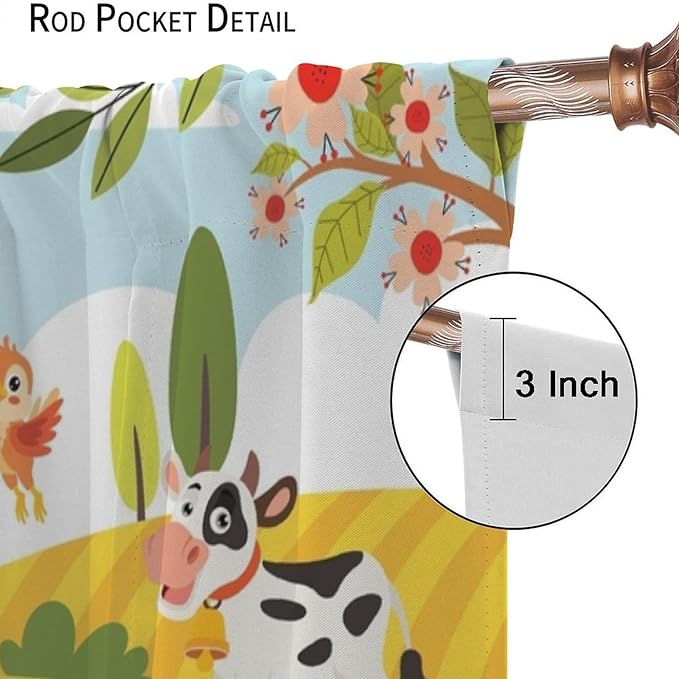 Farmhouse Curtains, Farm Scene Cartoon Animals Pattern Blackout Window Treatments, Rod Pocket Thermal Insulated Drapes 2 Panel Sets for Children Boys Bedroom Nursery Classroom, 42" W X 54" L