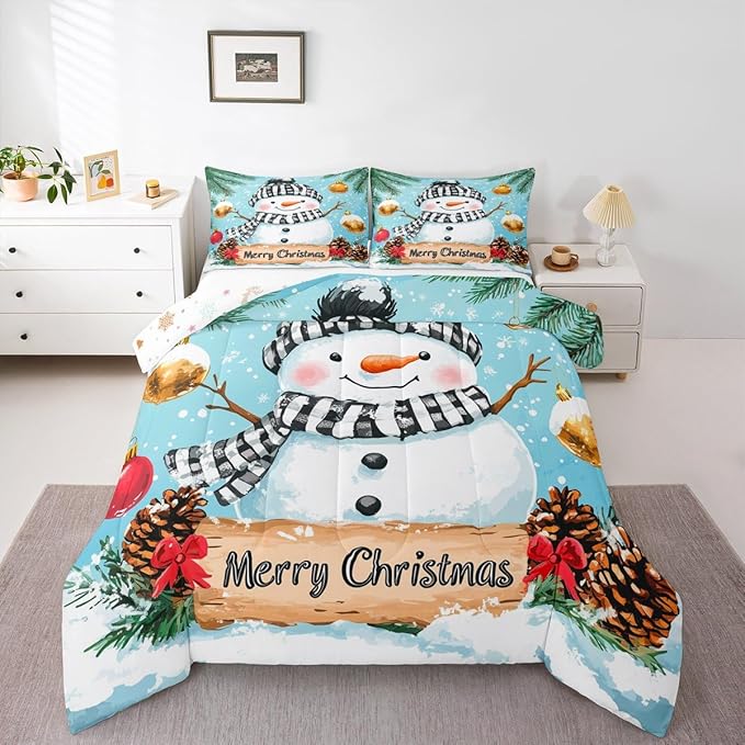 Feelyou Merry Christmas Comforter Set Full Size Cute Snowman Bedding Set for Kids Boys Girls Snowflake Duvet Quilt Winter Bedroom Decor Microfiber 3 Pcs with 2 Pillow Cases