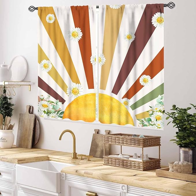 Boho Rainbow Curtains, Watercolor Bohemian Modern Abstract Daisy Floral Abstract Aesthetic Rainbow Blackout Window Treatments for Kids Girls Baby Bedroom Living Room Bathroom 2 Panels, 55x39 Inch