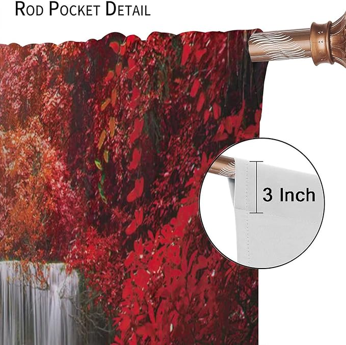 Red Forest Waterfall Blackout Windows Curtains, Tree Landscape Woodland Scenic Nature Fall Scenery Art Printed Curtains, for Living Room Bedroom 42x45in 2 Panels
