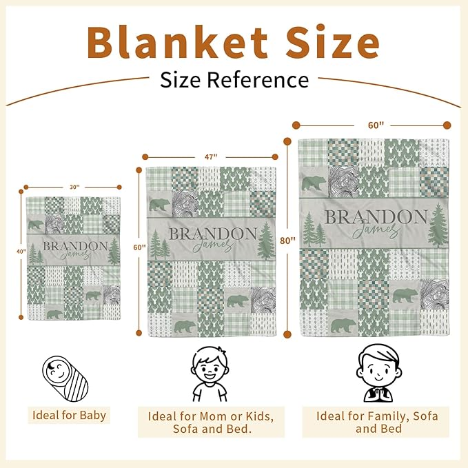 Personalized Rustic Woodland Baby Blanket - Custom Name Bear & Deer Design, Soft Blanket with Double Layer Dotted Backing for Infants Toddlers, Ideal Nursery Decor (30”x40)