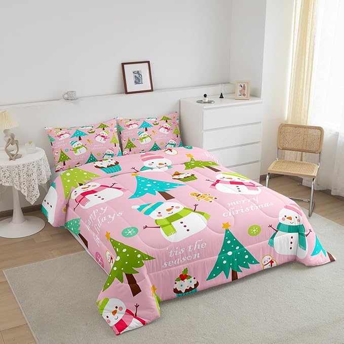 Erosebridal Merry Christmas Comforter Set for Kids,Pink Xmas Decor Bedding Set Toddler Size,Cartoon Snowman Quilts Christmas Tree Down Comforter for Girls Boys Teens Bedroom Decor
