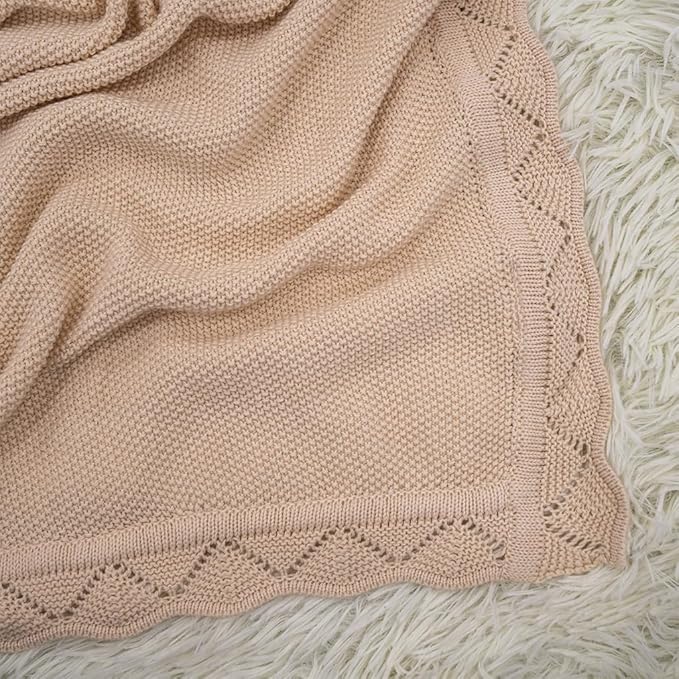 Baby Knit Blanket Soft Breathable Cotton Scallop Border Blankets Newborn Knitted Blanket Swaddle Blankets Gifts for Baby Newborn Toddler Shower Boy Girl New Mom Birthday Christmas Beige 30x40