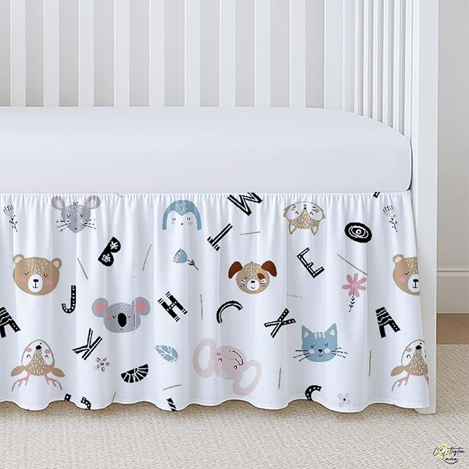 Cottington Lane Crib Skirt Dust Ruffle, 100% Natural Cotton, Soft, Durable Nursery Crib Toddler Bedding Skirt for Baby Girls or Boys, Fits Standard Cribs 28" x 52" with 14" Drop, Alphabet Adventure