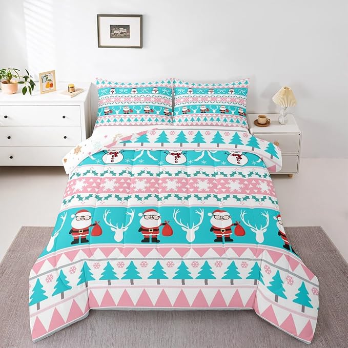 Feelyou Merry Christmas Tree Bedding Set Soft for Boys Girls, Cute Snowman Comforter Set Full Size Santa Claus Duvet Quilt Microfiber Cartoon Bowknot Bedroom Decor 3 Pcs with 2 Pillow Cases