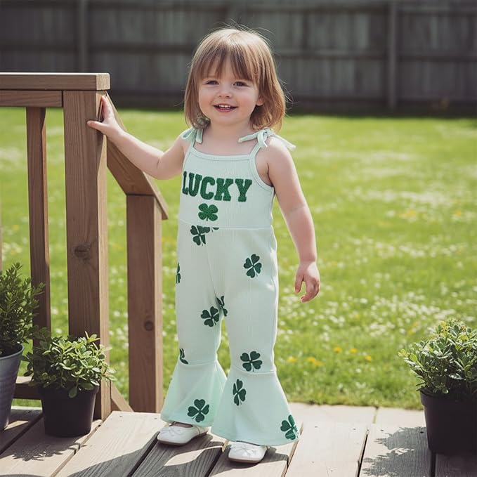 Toddler Baby Girl Valentines Day Outfit Love Sleeveless Tie-up Suspender Romper Bell Bottom Pants Spring Jumpsuit
