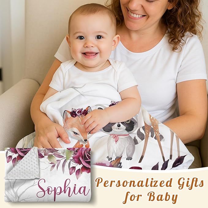 Custom Baby Blanket with Name, Double Layer Soft Dot Back Personalized Baby Blanket for Boys Girls, Woodland Blanket for Newborn Toddler, Customized Swaddle for Kids Birthday Gifts(47" x60)