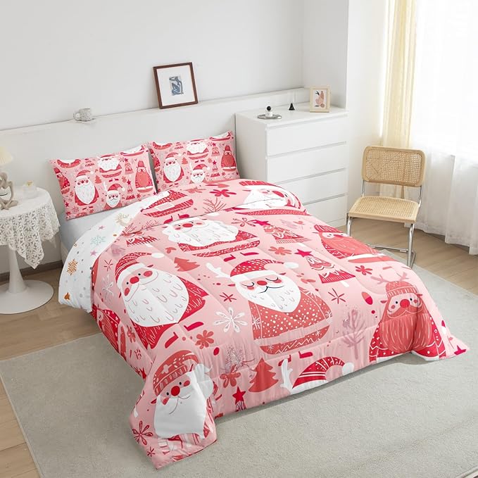 Feelyou Cute Santa Claus Bedding Set for Kids Boys Girls King Size Christmas Comforter Set Ultra Soft Winter Comforter Xmas Tree Duvet Quilt Bedroom Decor Christmas Decorations Quilt