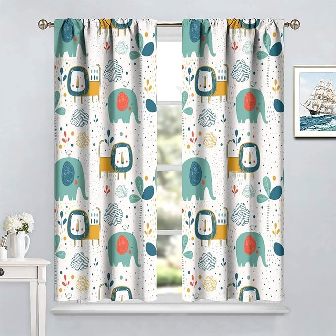 Cute Lions Blackout Curtains for Kids Bedroom,Cartoon Tropical Plants Birds Elephants Print Pattern Window Drapes,Funny Animal Thermal Insulation Curtain for Nursery Baby Room 72x63in
