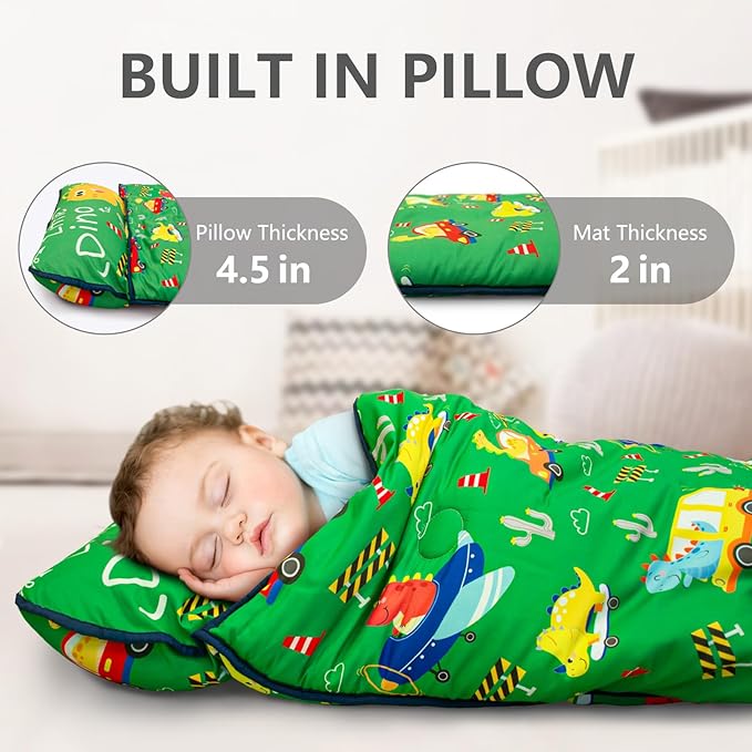 Primlect Thickened Toddler Nap Mat with Removable Pillow and Minky Blanket, Extra Large 55''x35'' Sleeping Bag, Washable, Roll up, Perfect for Daycare, Preschool, Kindergarten, Boys and Girls Dinoaur