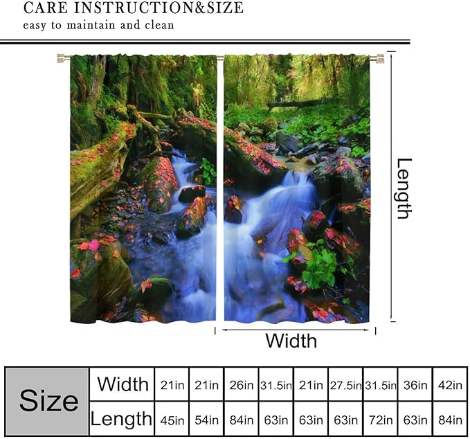 Forest Landscape Blackout Curtains, Natural River Rainforest Waterfalls Plant Print Pattern Window Drapes, for Bedroom Living Room 42" W X 45" L