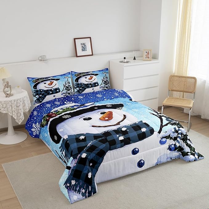 Feelyou Kids Christmas Theme Decorations Bedding Set Xmas Snowman Comforter Set for Boys Girls Snowflake Kawaii Cute Gradient Blue Bedroom Collection King Size