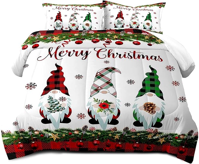 LUVIVIHOME 3PCS Merry Christmas Comforter Set King Size, Gnomes Bedding, Cute Christmas Bedroom Decor for Kids Boys Girls Teens, Xmas Gifts, Buffalo Plaid Christmas Gnomes Decorations, 2 Pillow Cases