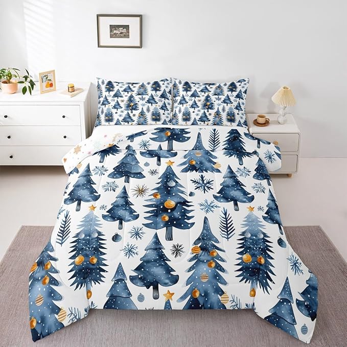 Feelyou Christmas Kids Comforter Set Toddler Size Xmas Tree Bedding Set Snowflake Duvet Quilt for Kids Boys Girls Bedroom Watercolor Blue Decor Microfiber Ultra Soft Breathable