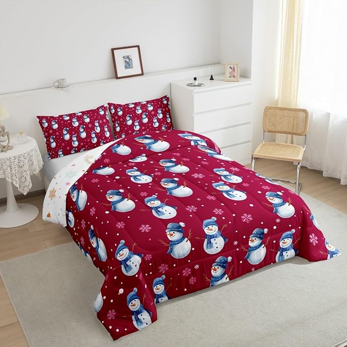 jejeloiu Kids Cute Winter Snowman Comforter Set Twin Size Red Christmas Theme Bedding Set for Boys Girls Teens Xmas Snowflake Happy New Year Duvet Quilt Room Decor