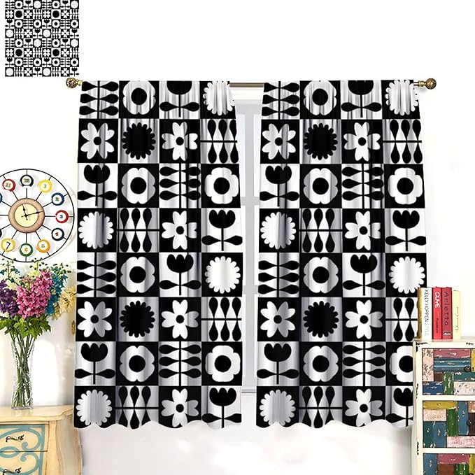 Mid Century Geometric Floral Curtains, Vintage 70s Window Treatments, Black and White, 42" W x 54" L, 2 Panels, Indoor, Boho Style