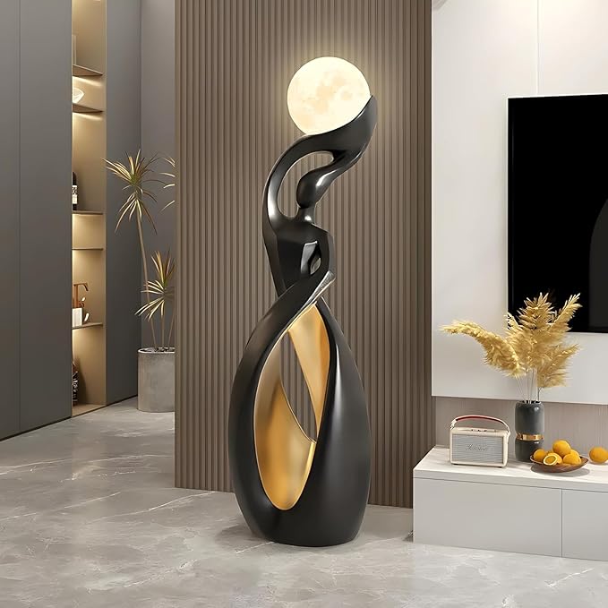 Bofea-Unique Floor Lamp with Moon Lamp,Creative Black Gold Standing Lamps,Art Deco Floor Light with Rechargeable Globe Lights,Modern Resin Accent Dancing Girls Statue for Living Room Bedroom Home