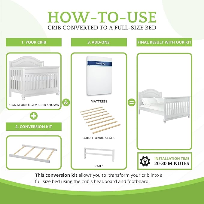 Full-Size Conversion Kit Bed Rails for Evolur Cribs - Solid Wood Crib Convertible Kit to Kids Bed - Transitional Style Rails & Easy-to-Install Child Essentials for Safety (Pearl Shimmer White)