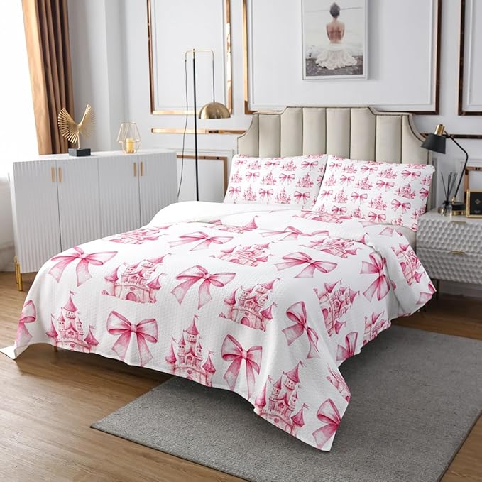 Pink Bowknot Kids Bedspread Queen Size,Castle Tale Princess Toddler Coverlet Set,Girls Women Room Decor,Bow Tie Butterfly Knot Girlish Quilted Coverlet,Romantic Fashion Bedding Quilt,2 Pillowcases
