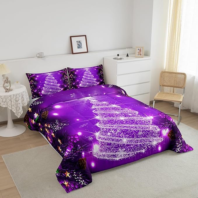 Feelyou Kids Merry Christmas Decorations Comforter Set, Kids Santa Tree Bedding Set Toddler Size for Boys Girls Teens Xmas Christmas Bell Decor Comforter Glitter Purple Quilt Set