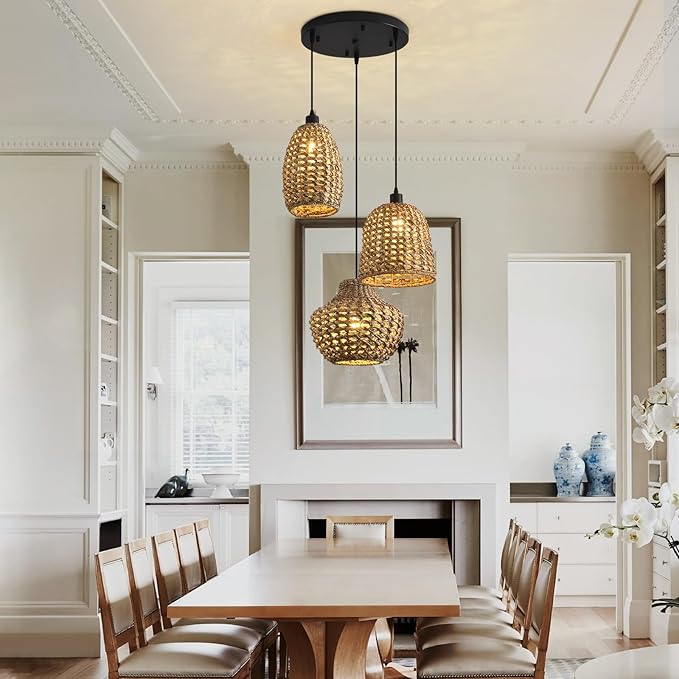 3-Light Rattan Chandelier, Boho Wicker Pendant Light Fixtures,Coastal Hand-Woven Ceiling Hanging Lights for Kitchen Island Dining Room Bedroom Farmhouse