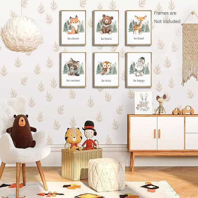 Wodkwq Nursery Wall Art Woodland Animal Canvas Prints Baby Girl Boy Room Decor Cute Poster Pictures Forest Theme Toddler Room Decoration Painting Set of 6 for Kids Bedroom Bathroom 12x16in Unframed