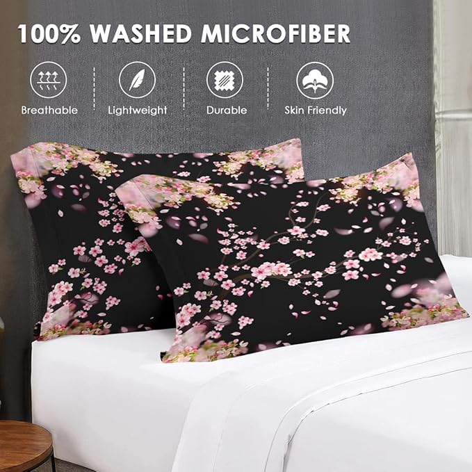 7 Pcs Queen Size Comforter Set with 2 Pillowcases & 2 Shams, Tree Flower Floral Bedding for Kids and Adults, Pink Cherry Blossom Bed in a Bag with Flat Fitted Sheet