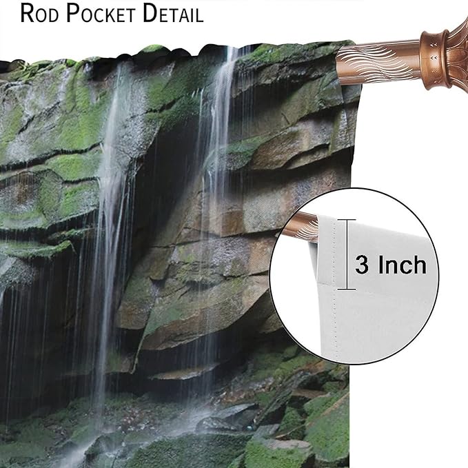 Forest Waterfall Blackout Windows Curtains, Rocky Waterfall to Pond Running Off Scenic Nature Themed Picture Print Curtains, for Living Room Bedroom 63x63in 2 Panels