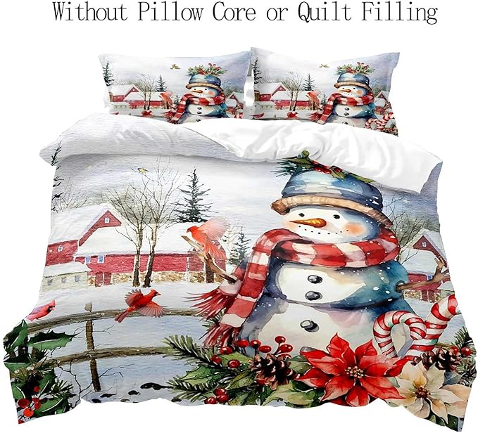 LUVIVIHOME 2PCS Cute Snowman Duvet Cover Twin Bedding Sets, Christmas Bedding, Red Bird Cardinal Poinsettia Winter Holiday New Year Xmas Gifts Christmas Comforter Bedspread Quilt Cover, 1 Pillow Sham