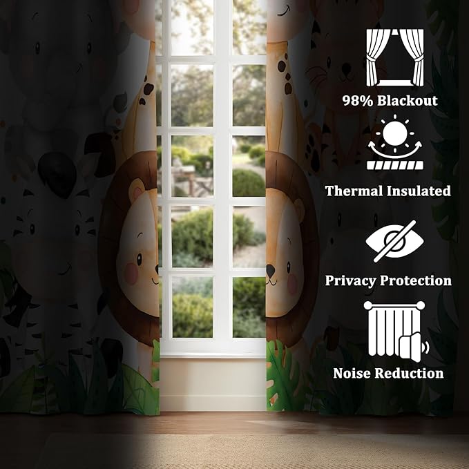 Renaiss 26 x 36 Inch Safari Animal Curtains for Kids Tropical Rainforest Lions Tigers Elephants Giraffes African Jungle Tree Green Leaf Print Window Drapes for Nursery Baby Bedroom Playroom 2 Panels