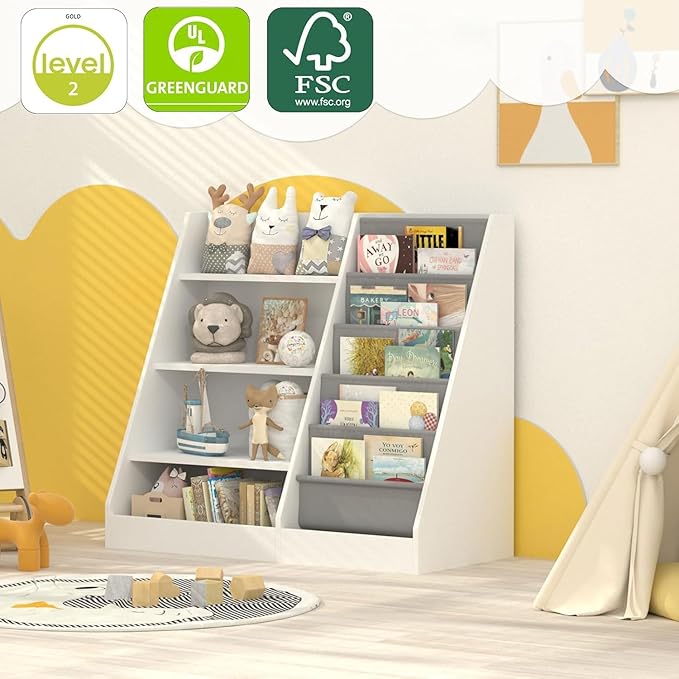 NACHES Montessori Kids Bookshelf Fabric Sling Pockets & Open Shelves – Front Facing Toddler Book Display and Toy Storage Organizer for Nursery Playroom or Bedroom 35" Wide (White, Middle)
