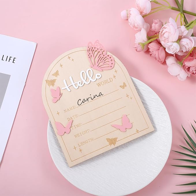 Hello World Newborn Sign, 5.83 × 6.97 Inch Pink Butterfly Baby Announcement Sign Wooden Birth Welcome Board for Newborn Boys Girls Photo Props Baby Shower Hospital Nursery