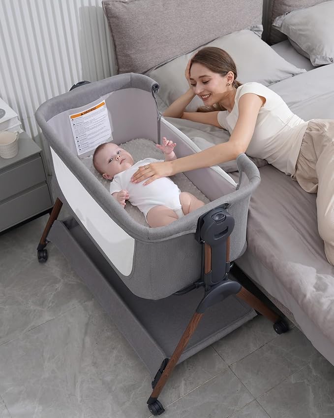 Baby Bassinet - Bassinet Bedside Sleeper,3-in-1 Bedside Bassinets for Baby,Rocking Bassinet with Comfy Mattress,Wheels,Breathable Mesh& Storage,6 Height Adjustable Crib,ASTM Certified(Grey)