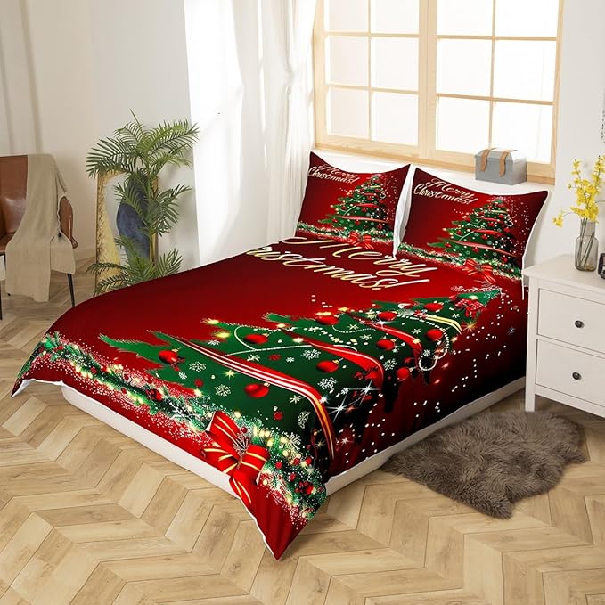 Christmas Tree Duvet Cover Set Twin Size Fir Tree Branches and Deer Print Bedding Set 2pcs for Kids Girls New Year Theme Comforter Cover Merry Christmas Red Quilt Cover with 1 Pillowcase,No Comforter