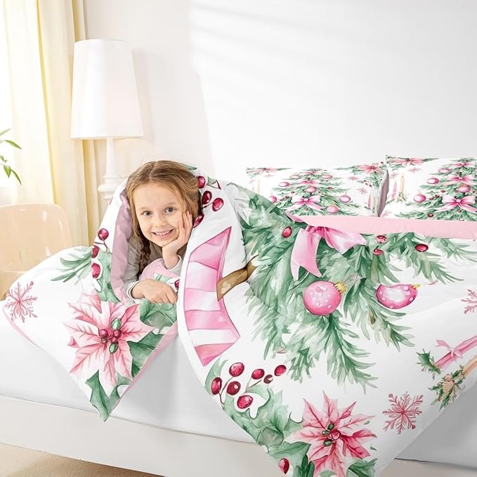 Feelyou Pink Christmas Comforter Set Toddler Size Xmas Tree Bedding Set for Kids Boys Girls Xmas Ornaments Duvet Quilt Snowflake Bow Bedroom Decor Microfiber 2 Pcs with 1 Pillow Cases