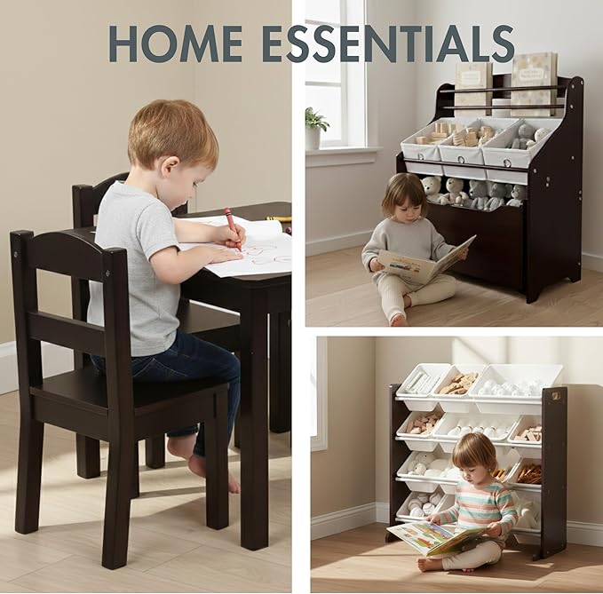 Humble Crew 3-in-1 Kids Bookshelf and Toy Storage Organizer, Espresso/White - Toddler Organizers with Rolling Toy Box and 3 Fabric Bins – Sturdy Baby Book Shelf, Perfect for Nursery and Playroom
